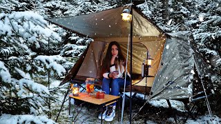 Winter Camping in Snowstorm  Solo Overnight in the woods  Cozy ASMR [upl. by Nappy]