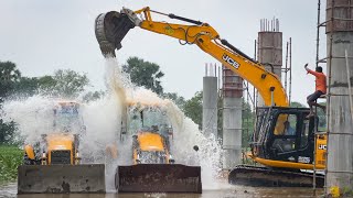 Washing with Atrocities JCB 145 Excavator and 2 JCB 3DX Owner vs Driver Fun in River [upl. by Enialedam]