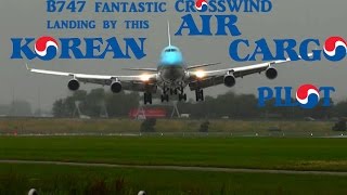 B747 fantastic CROSSWIND land from this Korean Air Cargo pilot  AMS Schiphol [upl. by Kendal]