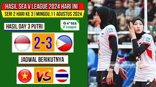 Hasil Sea V League 2024 Putri Hari iniINDONESIA VS FILIPINAKlasemen Voli Sea v League 2024 Seri 2 [upl. by Eichman]