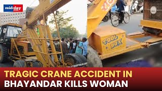 Elderly woman crushed to death as crane goes out of control near Bhayandar School [upl. by Jillene]