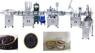 Automatic caviar abalone seafood can vacuum seamer can body top labeler snap on a capper line [upl. by Arimaj]