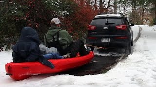 Kayak sledding snow day 300 of bungee cord  Kayak  kayak slingshot [upl. by Ulrica]