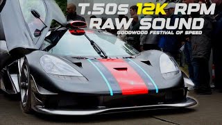 Gordon Murray T50s 12k RPM Race Exhaust Raw Sound Sound Hillclimb Flames and Revs [upl. by Annahtur288]