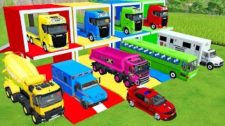 TRANSPORTING COLORS OF MIXER TRUCK POLICE CARS AMBULANCE EMERGENCY DUMP TRUCK TO GARAGE  FS22 [upl. by Asamot]