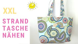 Strandtasche XXL nähen ohne Schnittmuster mit aufgesetzten Taschen  einfache Nähanleitung [upl. by Ellenor16]