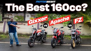 Best 160cc Bike TVS Apache RTR 160 2V vs Suzuki Gixxer 155 vs Yamaha FZS V4  MotorBeam [upl. by Catto]