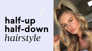 How to Style A Halfup Halfdown Using Halo Hair Extensions  Sitting Pretty [upl. by Jankey297]