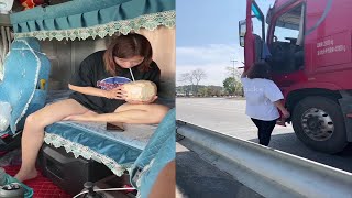 Beautiful Young Woman Professional Truck Driver Sitting And Driving Big Truck Cross Country [upl. by Johns448]